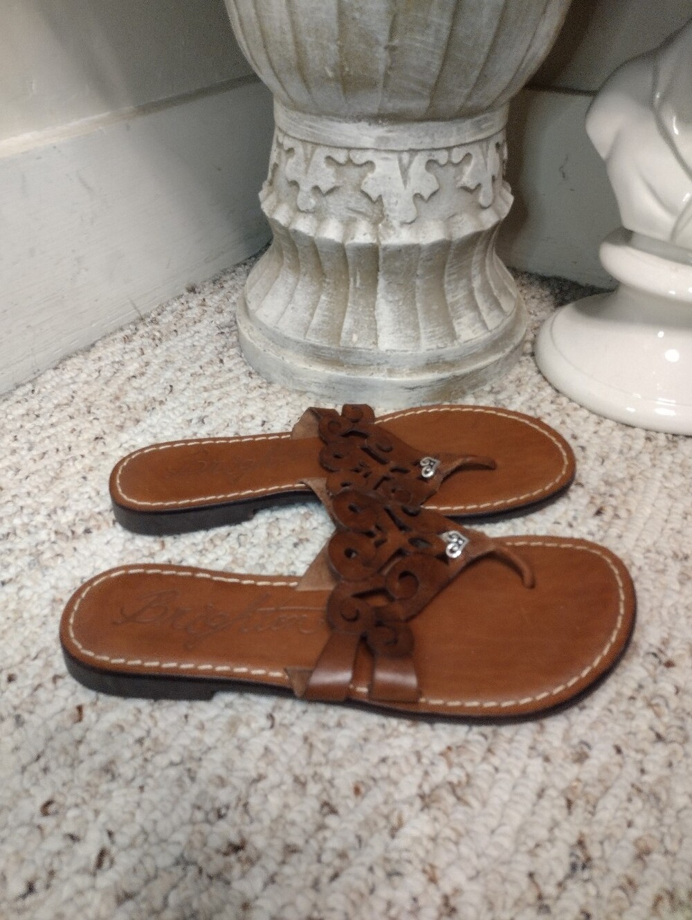 Brighton Alegre Silver Heart Charm Trimmed Brown Laser Cut Leather Thong Sandals